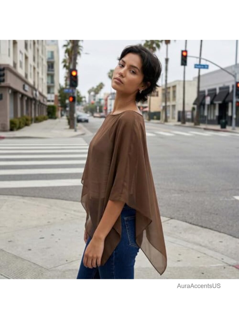 Women's Sheer Chiffon Poncho Asymmetrical Cover Up Beach Vacation - Picture 3 of 5